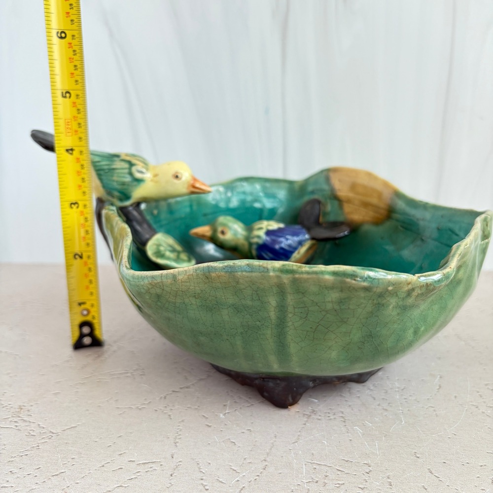 Vintage Artisan Ceramic Bird Bowl Teal Green Crackle Glaze Hand Painted Decor - Picture 9 of 12